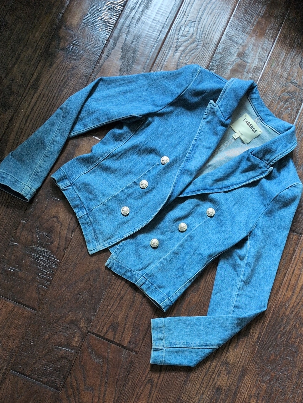 L'AGENCE I Blue Denim Open Front Anchor Button Cropped Wayne Blazer Jacket, M - Picture 3 of 13